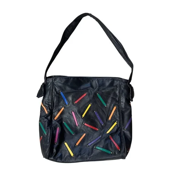 Vintage 1980s Judi Simon USA Black Leather Purse Rainbow Accents Shoulder Strap - Picture 2 of 12